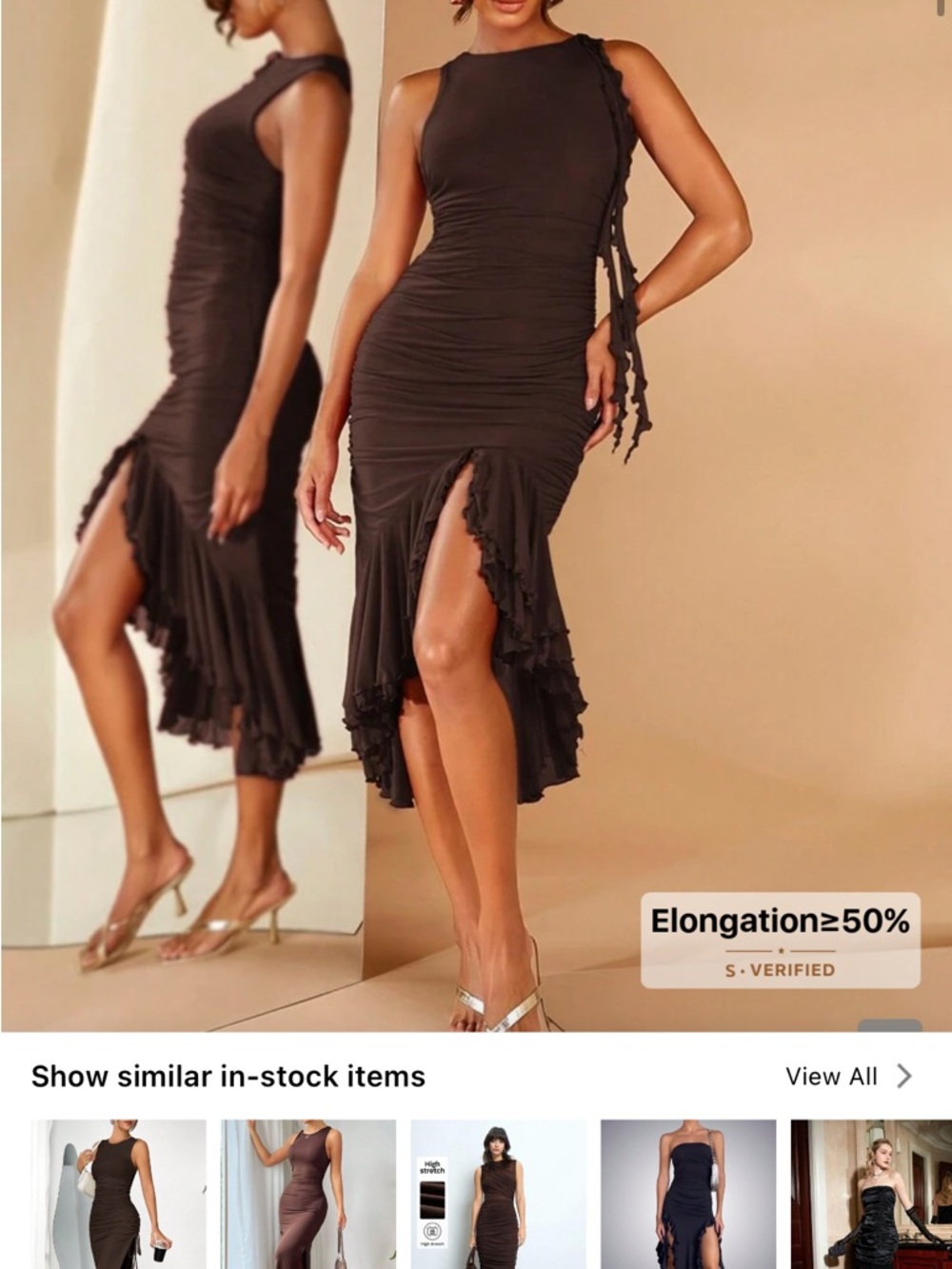 Sleeveless Ruffle-Trim Midi Dress in Dark Brown